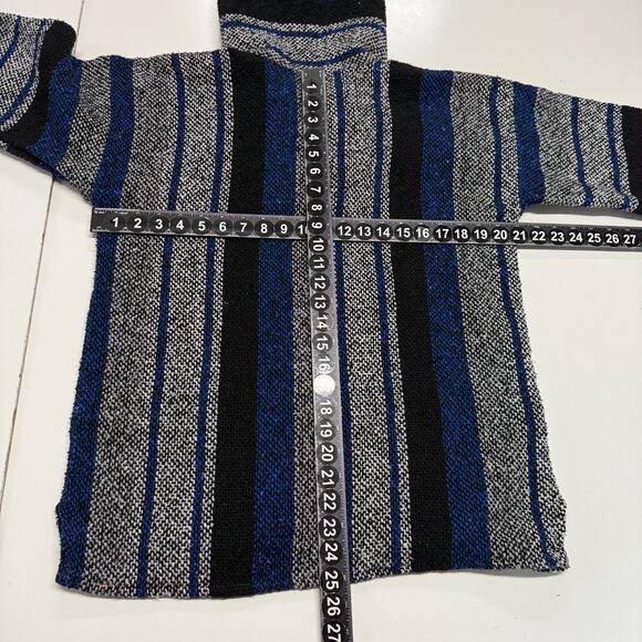 Baja Hoodie Mens Medium Blue Black Striped Drug Rug Tapestry Pullover Hippie - Picture 3 of 8